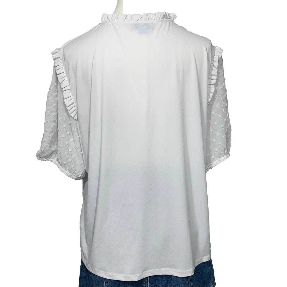 CeCe Blouse Womens XL White Swiss Dot Puff Sleeve Ruffle Smocked Mixed Media - Picture 4 of 6